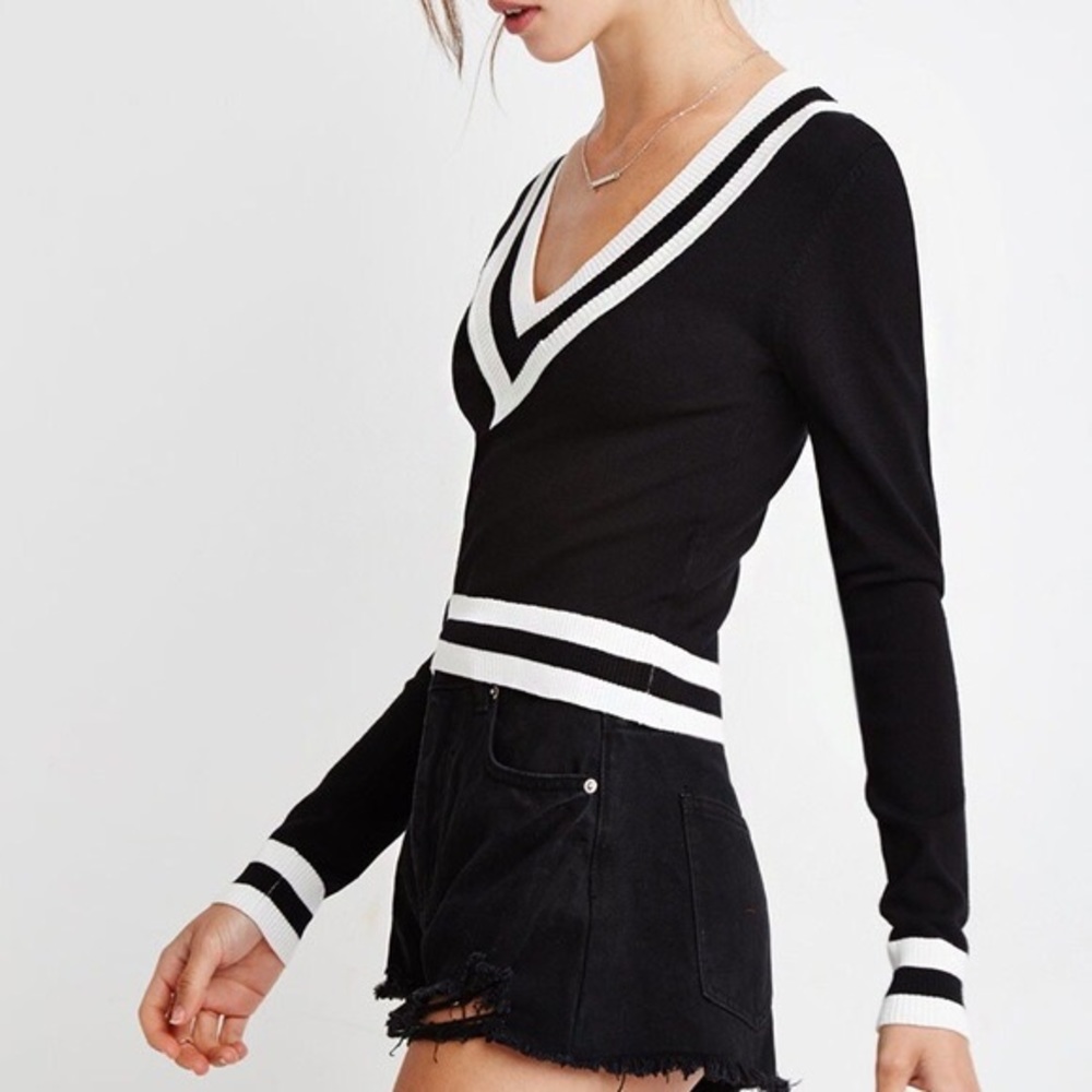 Black & White Varsity Cropped Sweater - Small